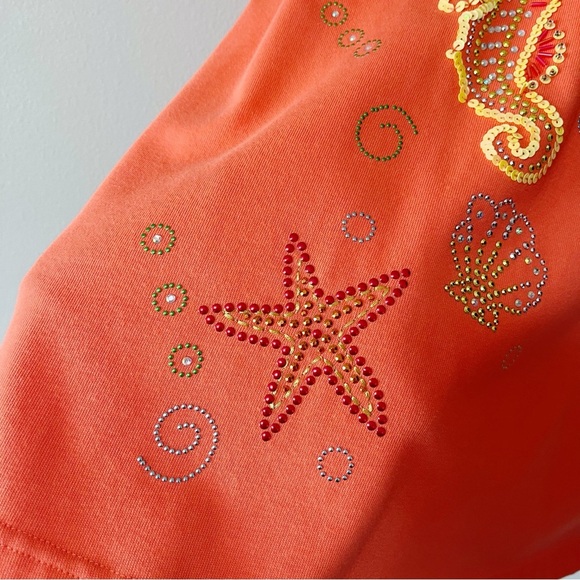 Quacker Factory Coral Orange Rhinestone Sequin Under the Sea 3/4 Sleeve Top 1X - Picture 4 of 10